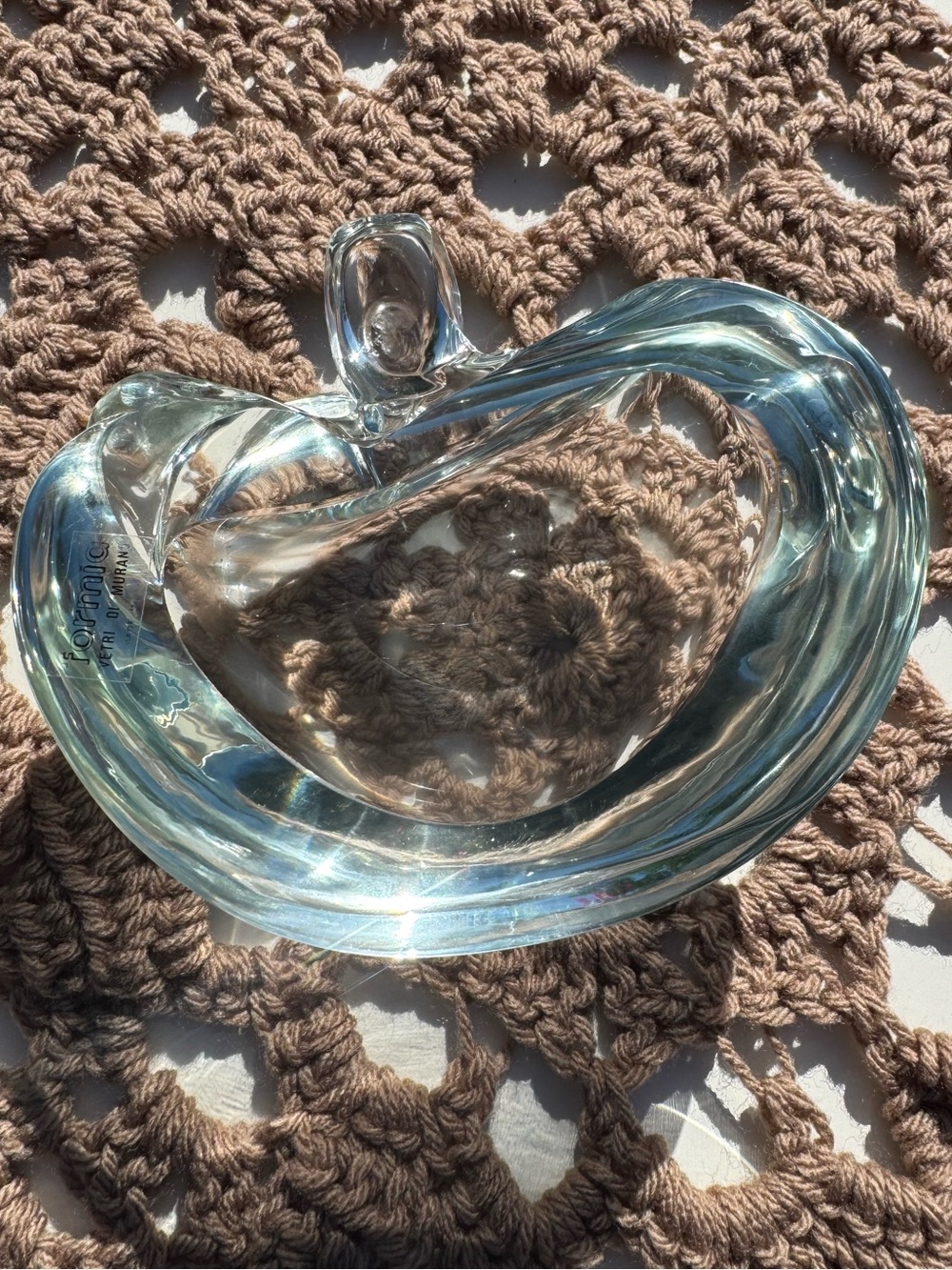 Vtg.Murano-Thick Clear Glass Apple Bowl with Leaf and Stem.Made in Italy.